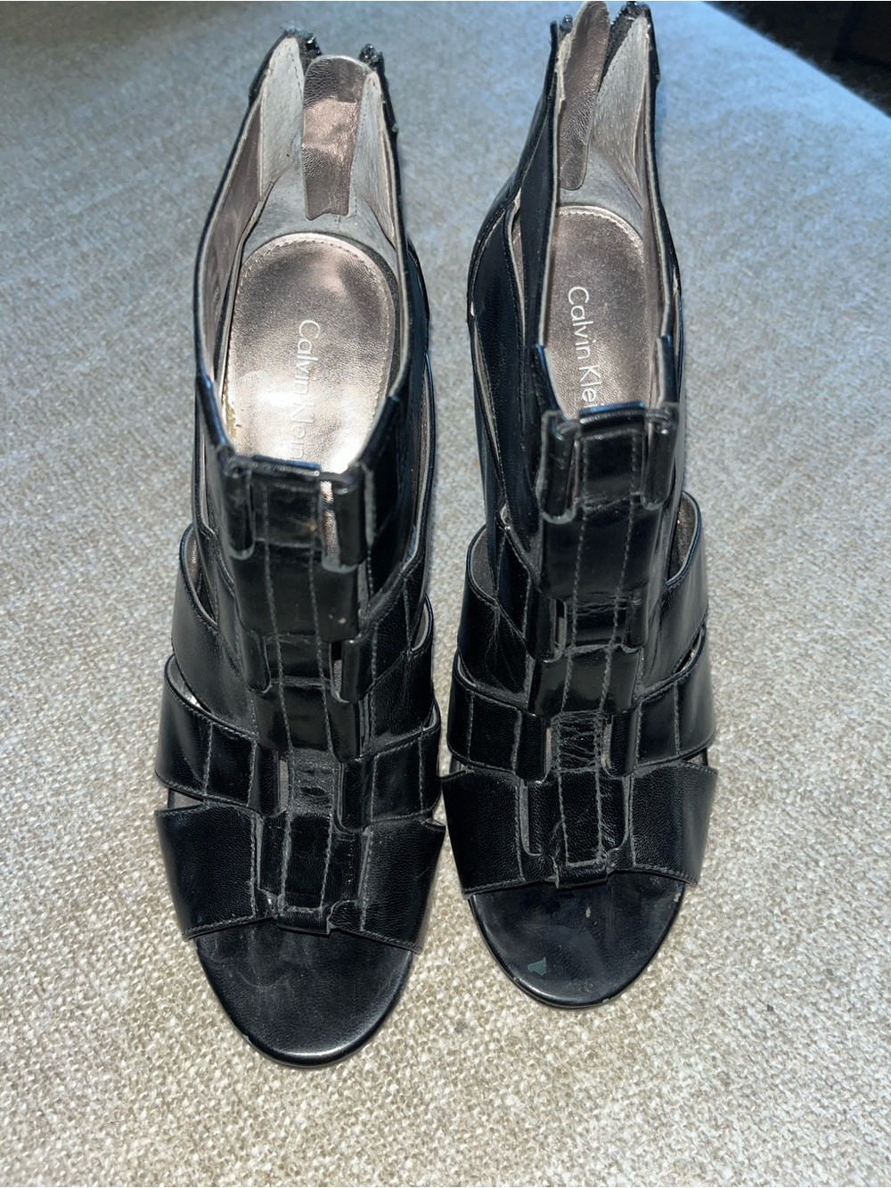 Calvin Klein Black Leather Cage Peep-Toe Heels with Buckle Ankle Strap